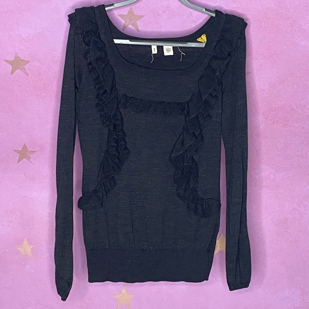 Anthropologie Moth Sweater Ruffle Front Pullover Scoop Neck Wool Blend Large